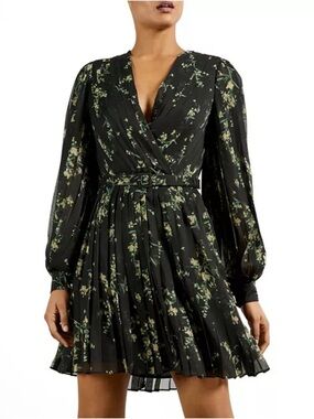 Ted Baker Papyrus Black Floral Long-Sleeve Pleated Dress